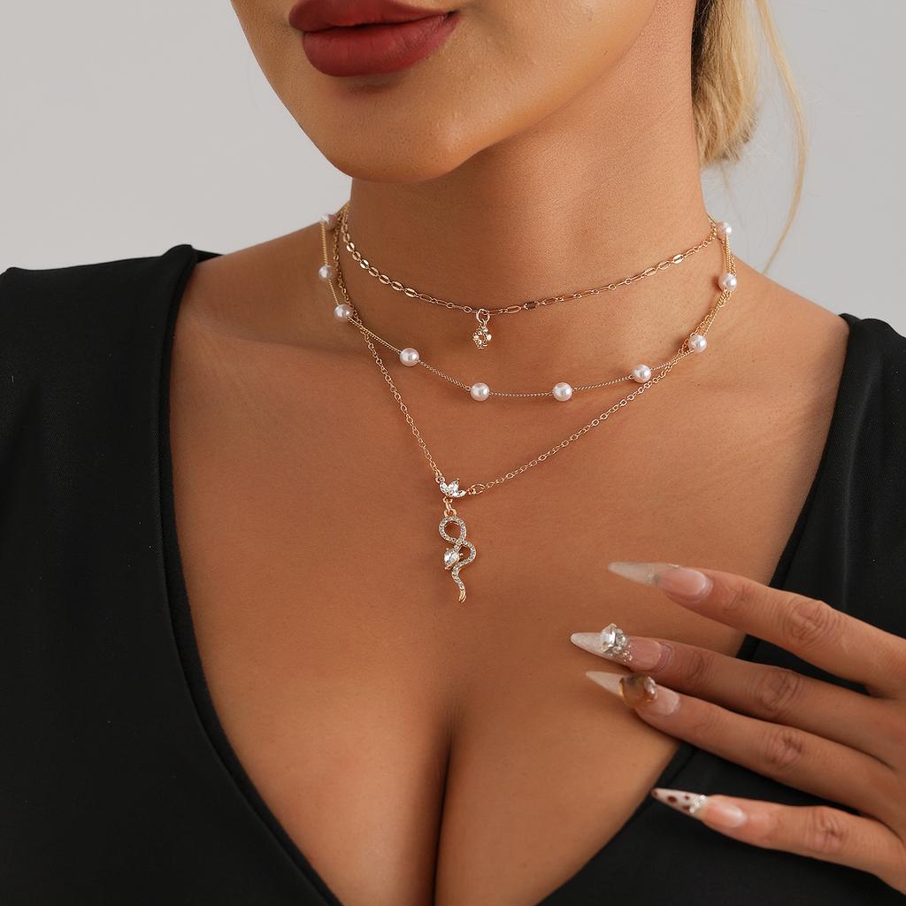 INS Perlenkette Vintage Funkelnder Diamant Kokospalme Schlange Anhänger Element Schlüsselbein Kette Halskette