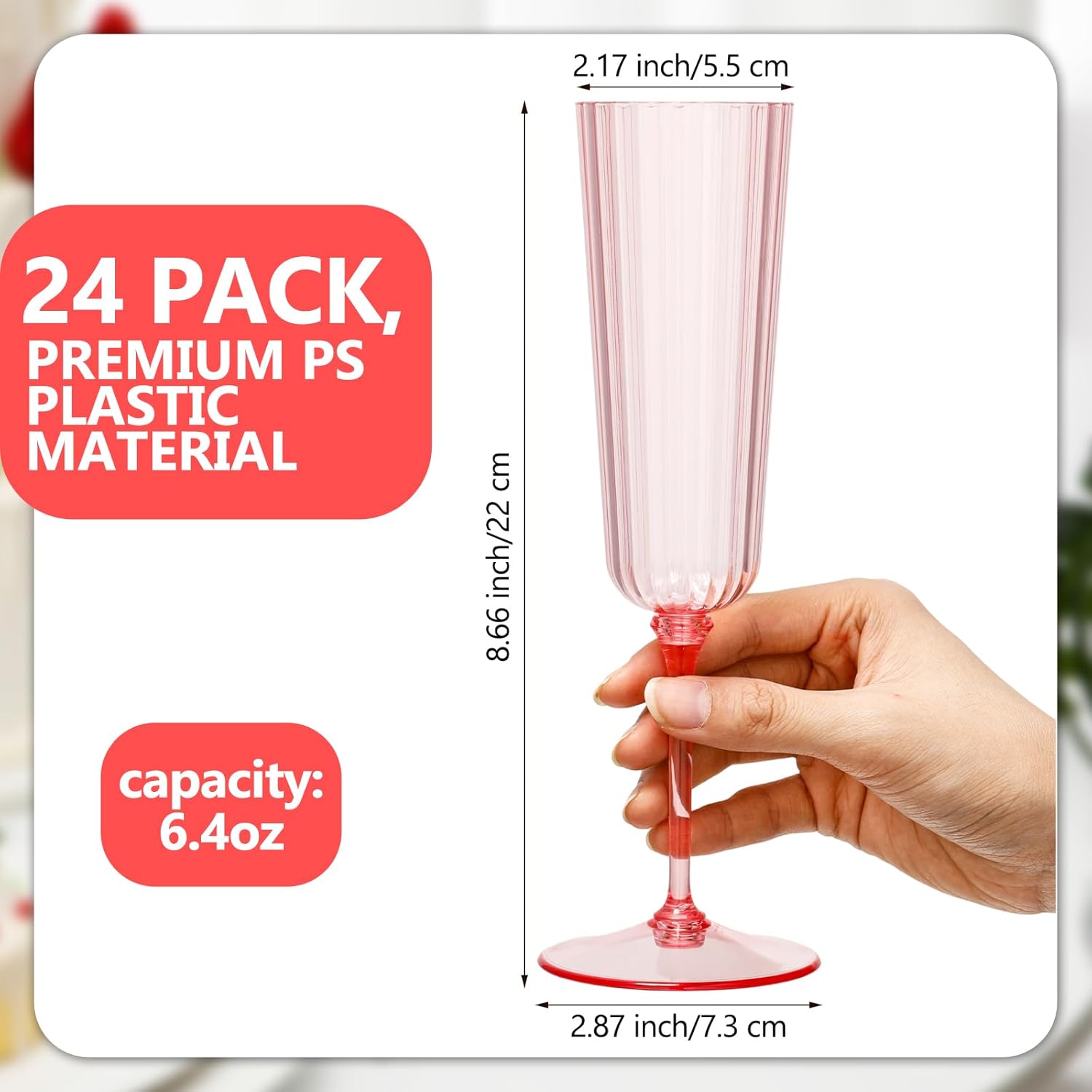 

24 Pcs Plastic Ribbed Champagne Flutes, 6.4 oz Clear Vintage Disposable Glasses for Wedding Birthday Anniversary (Pink) United States