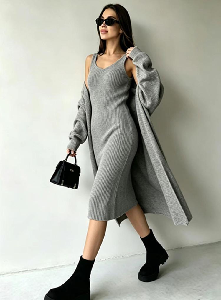 Knitted Suspender Dress European and American New Fashion Casual Cardigan Jacket Long Two-piece Hip Skirt Women
