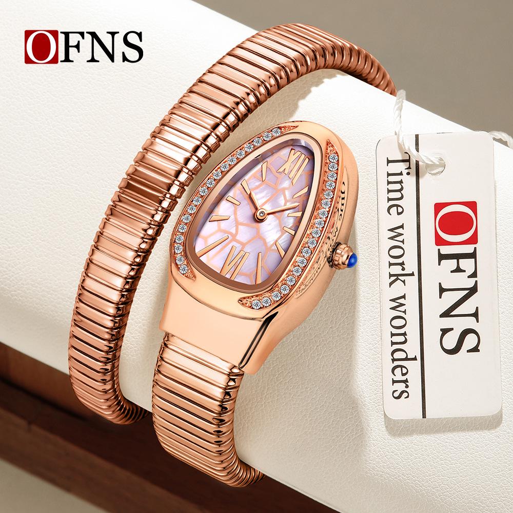 SANDA Women's Luxury Snake Head Bracelet Watch with Roman Mother-of-Pearl Dial, Diamond Accents, English Two-Hand, 30M Water Resistant.