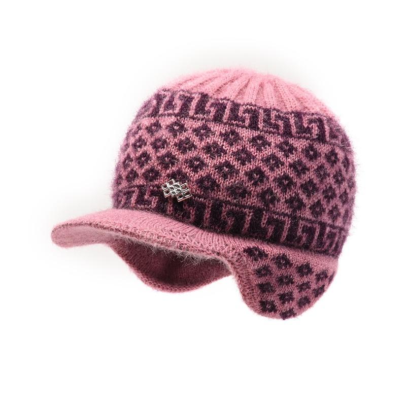 Hat Women's Autumn and Winter Knitted Hat Outdoor Cold-proof Large Brim Plush Warm Wool Hat Ear Protector