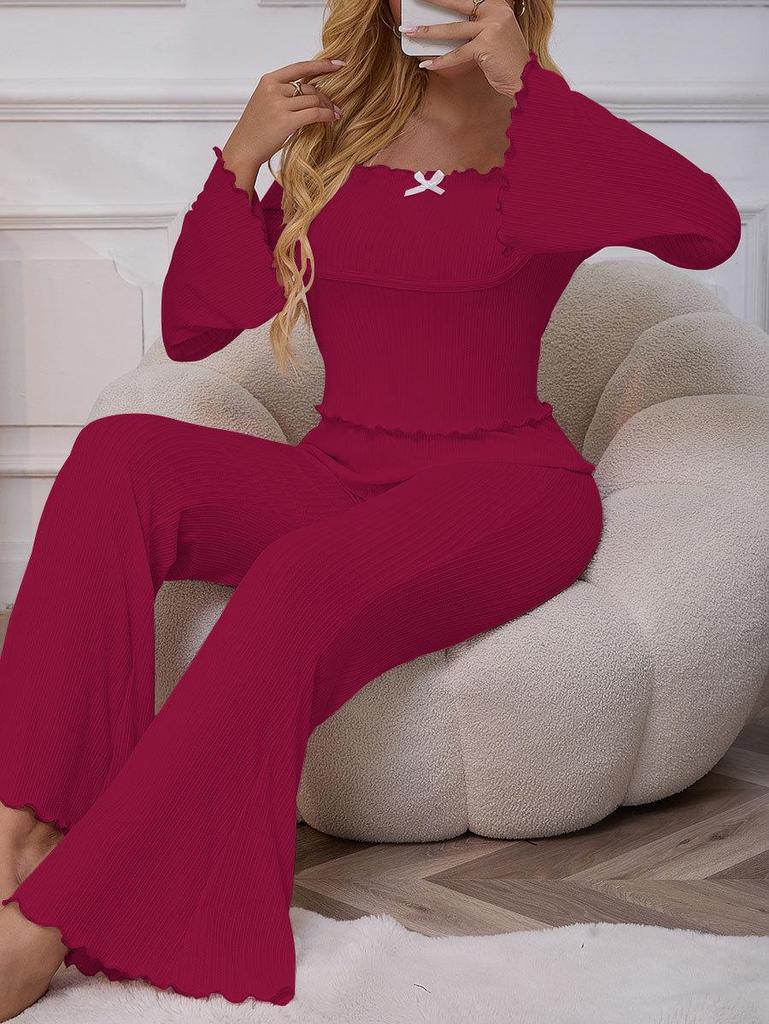 Women's Bell Sleeve Pajama Set: Sexy & Simple Long Sleeve Top with Bow and Long Pants