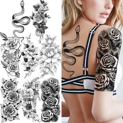 1 Sheet Snake 3D Flower Temporary Tattoos For Women Girl Back Arm Forearm Waist Fake Tattoo Sticker Self Adhesive Water Transfer