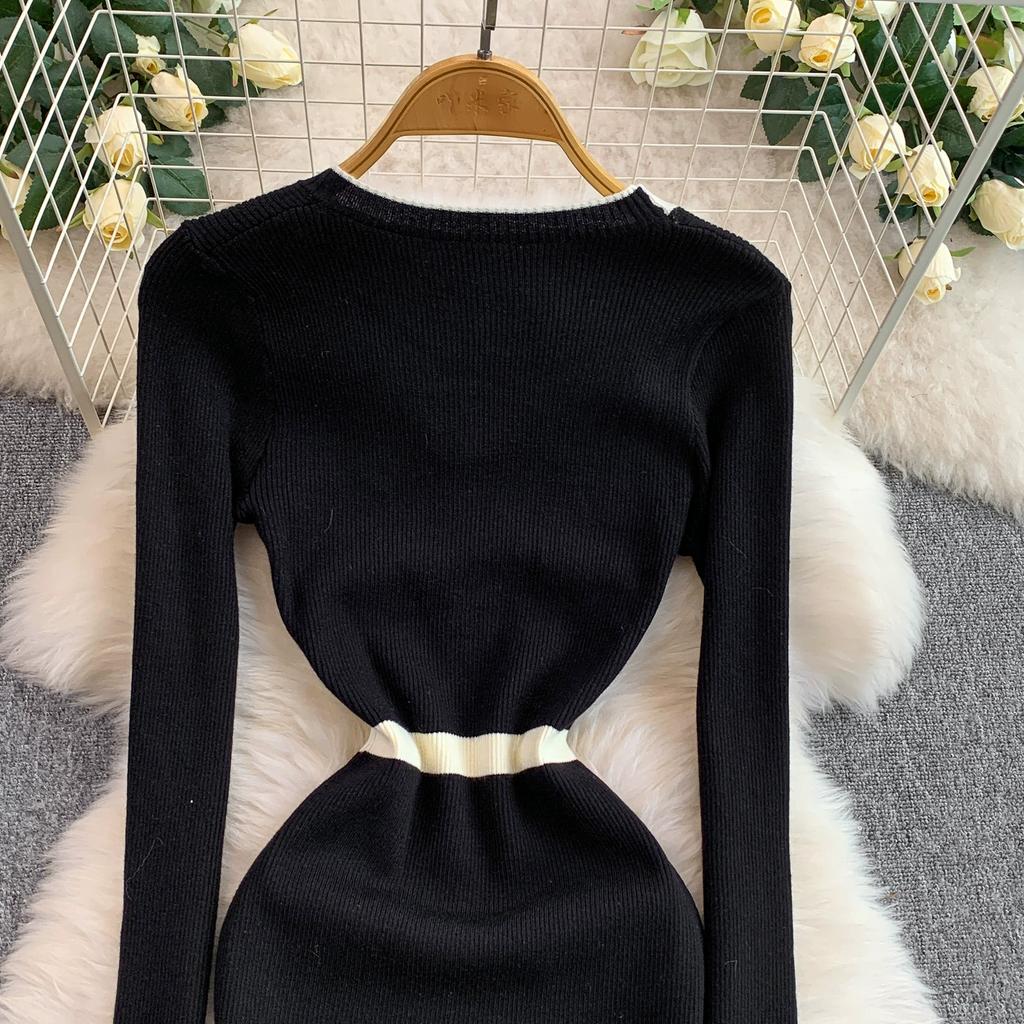 Spring Autumn Women V-neck Full Sleeve Knitted Sweater Mini Short Sheath Pullover Dresses