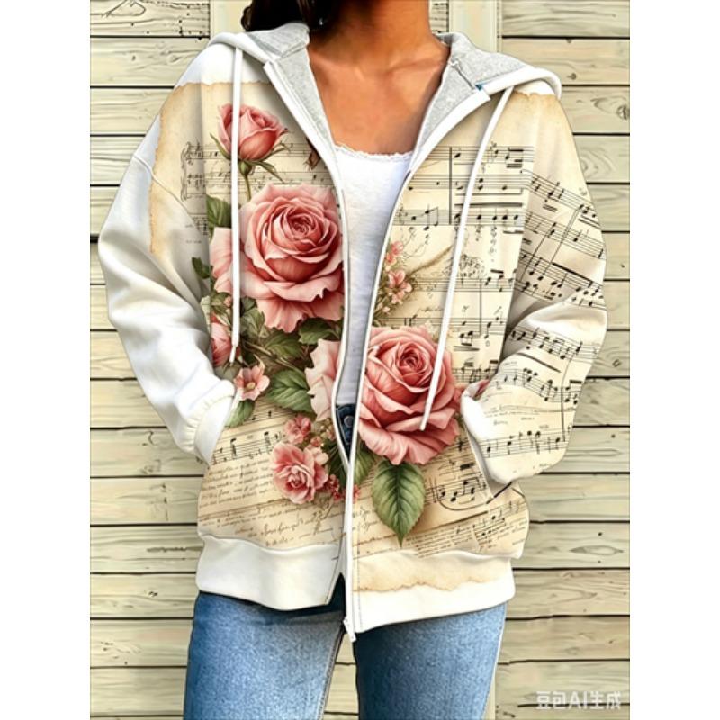 Felpa con cerniera, patchwork, alla moda, larga, casual da donna, stampa floreale, moda primavera ed estate