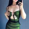 Women's sexy black mesh stitching one-piece mini party dress green lace-up dress
