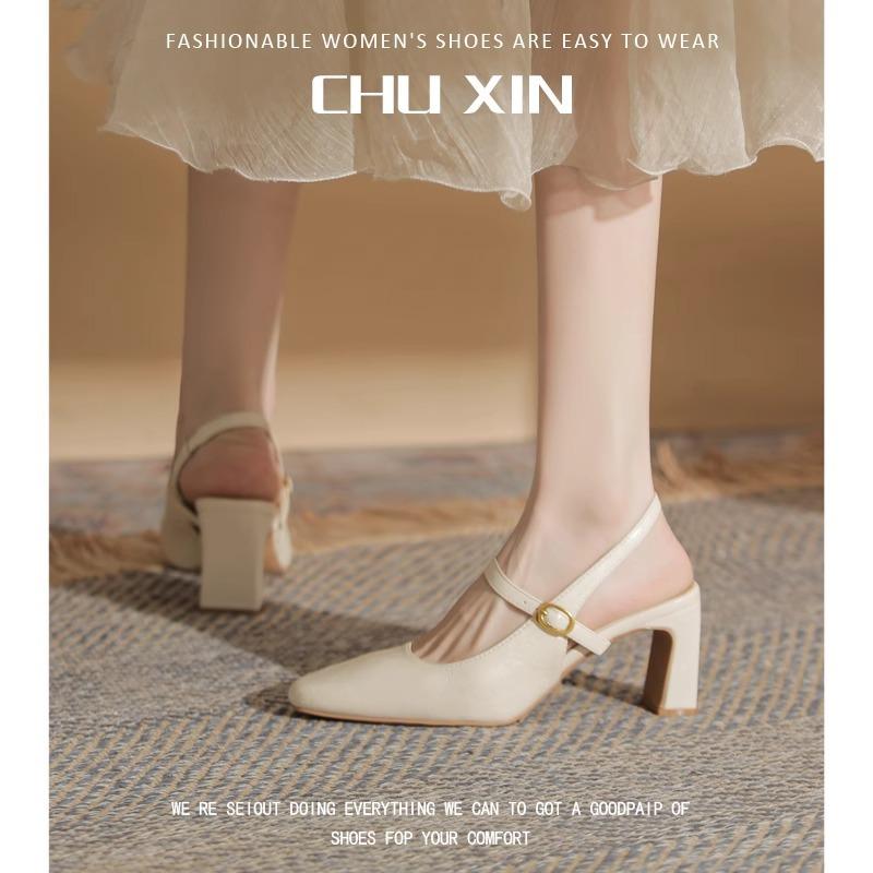 2025 spring and summer new high heel with Mary Jane shoes women's beautiful single shoes thick heel French beige sandals women
