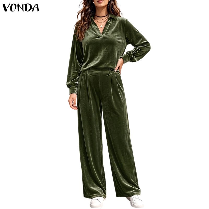 VONDA Autumn Spring Womens Velvet Two Piece Sets V Neck Long Sleeve Tops Wide Leg Pants Tracksuit Outfits