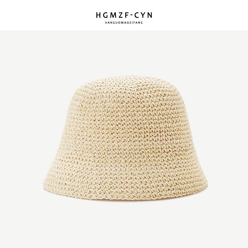 Женская летняя шляпа от солнца, соломенная шляпа-федора ручной вязки крючком, соломенная шляпа-ведро в корейском стиле, пляжная шляпа-рыбачок с защитой лица от солнца M（56-58cm）