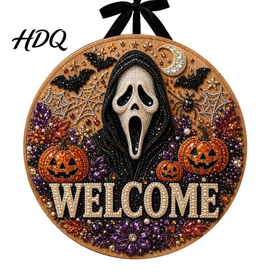 Faux Pearl Painting Arts Halloween Door Sign Kit Ghost Skull Skeleton Cat Welcome Handmade Decoration Crafts for Wall Craft Project