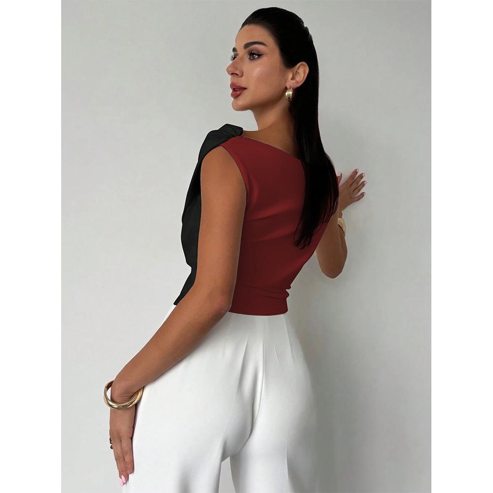 Women's Off The Shoulder Top Wrap Ruched Asymmetrical Tee Shirts Color Block Going Out Tops