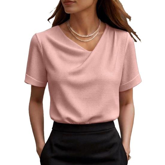 

Women Tops Slim Fit Short Sleeve Crossover V-Neck Pullover Tops Pure Color Soft Fabric Summer Shirt Daily Wear L розовый