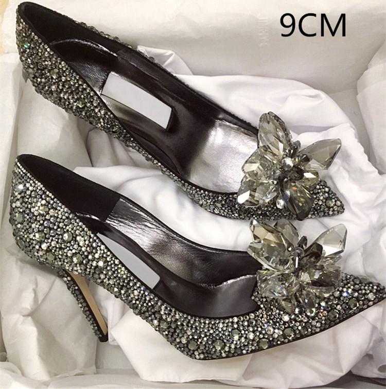 Grey Women's Crystal Wedding Shoes High Heels 2025Autumn New Silver All Diamond Bridal Shoes Water Diamond French Single Shoes