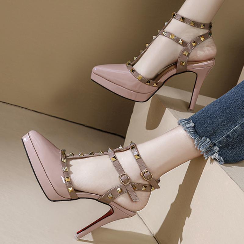 Fashion Sexy Rivet High Heels 2025 New Patent Leather Pointed Toe Womens Sandals 10Cm Stiletto Platform Party Prom Shoes Size 32 33