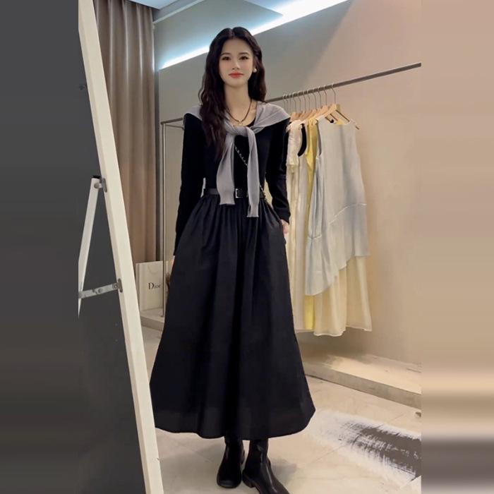 

2025 Новый корейский стиль осенний комплект черного платья для женщин - Длинная юбка дизайн XL