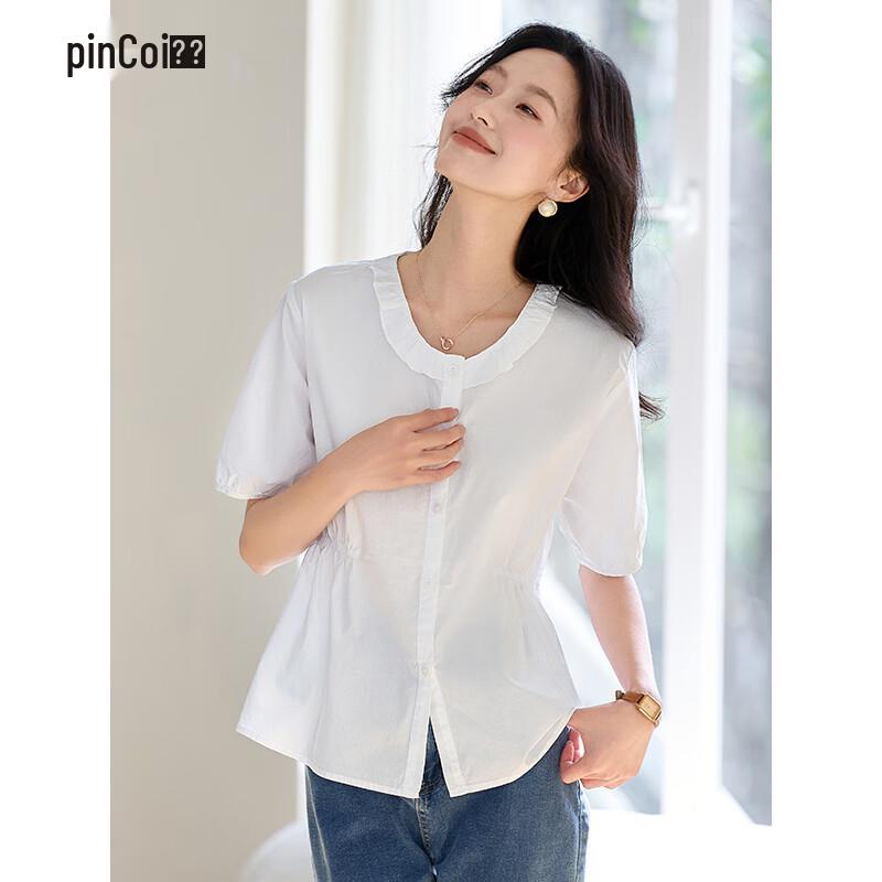 Pin Cai Women s Elegant Puff Sleeve White Short-Sleeve Shirt M