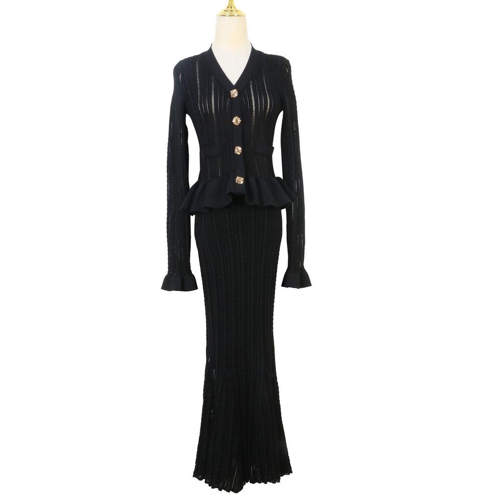 Elegant Women's Fishtail Long Dress: V-Neck, Hollow Knit, Long Sleeve, Bodycon Style