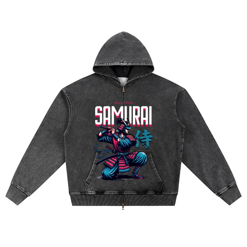 DTG print Knitted Denim Zip-Up Hoodie Japan Samurai Brother Print Zipper Hoodies  