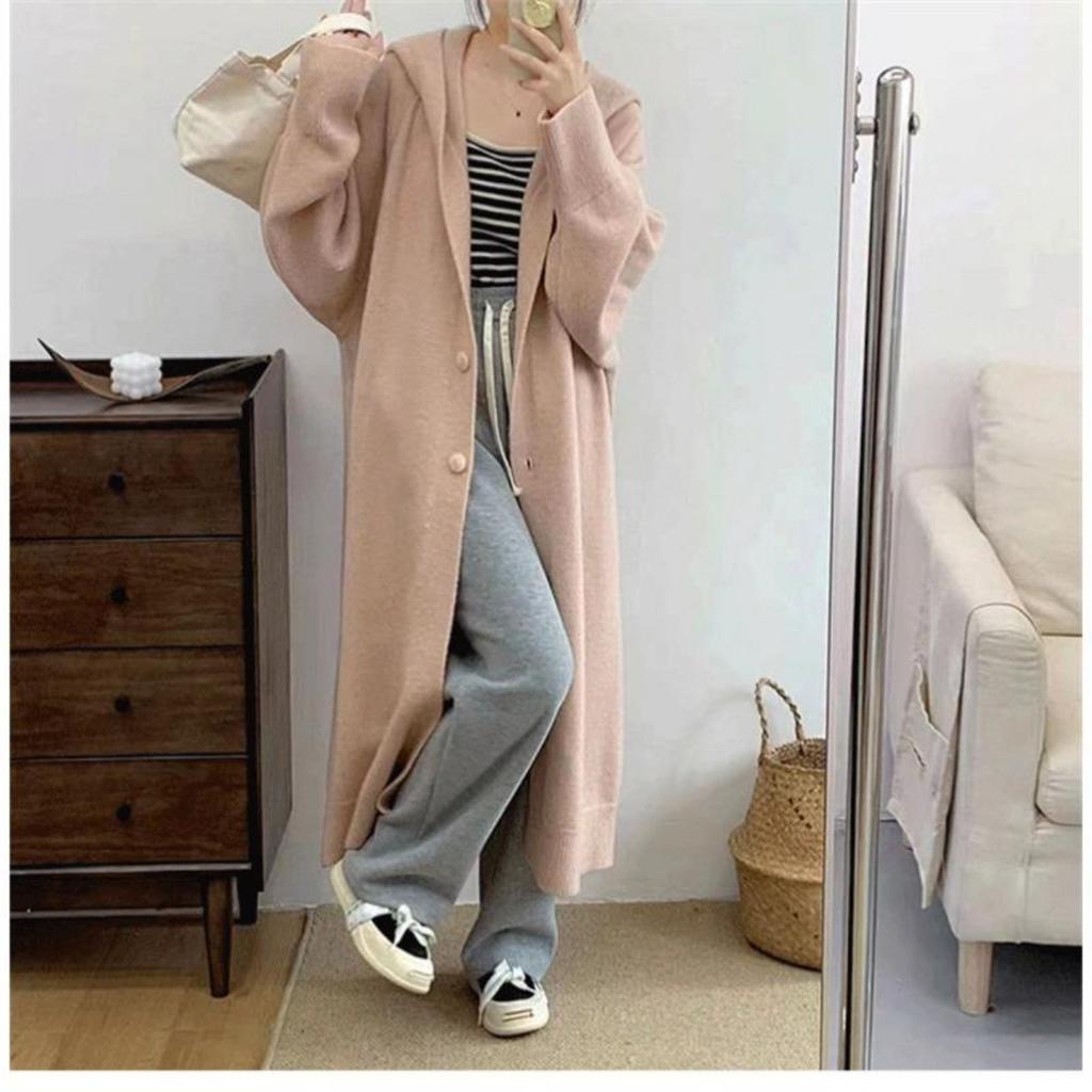 Korean Version of The Loose Hooded Knee Sweater Cardigan, Women's Fall and Winter Soft Lazy Wind In Long Sweater Jacket