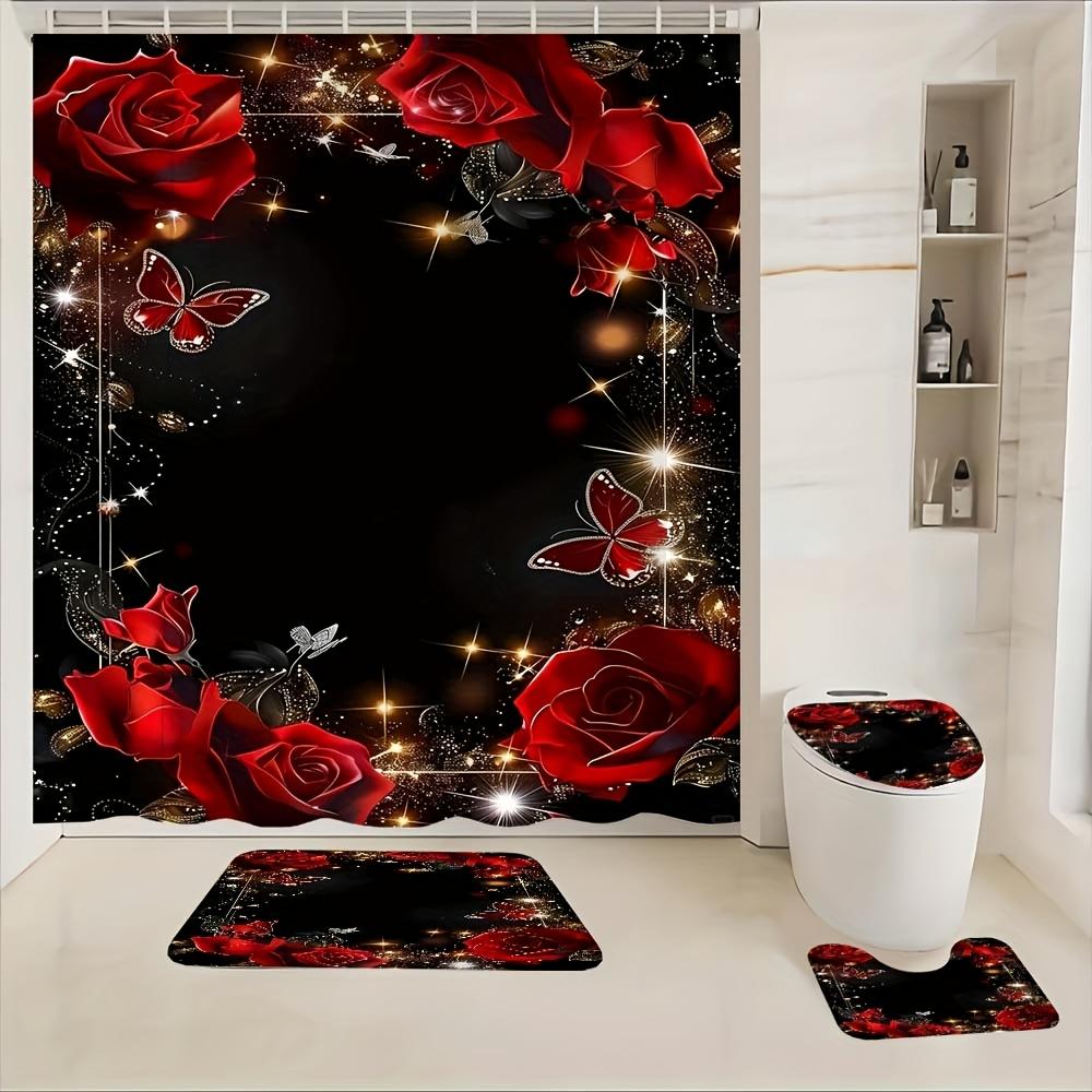 4Pcs Bathroom Shower Curtain Set Rose Butterfly Flower Bathroom Curtain With 12 Hooks Non Slip Rugs Toilet Cover Mat Bathroom Partition