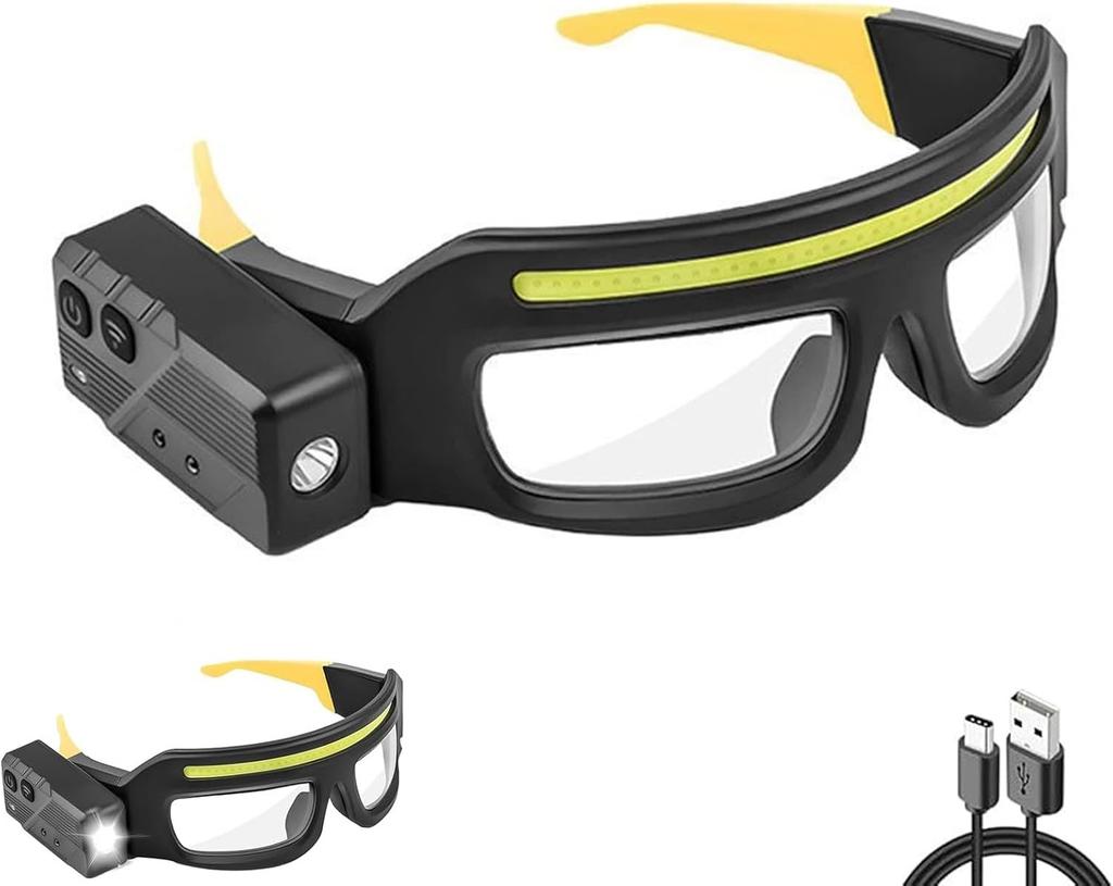 LED Safety Glasses with Lights - USB-C Rechargeable Headlamp Eyewear (Motion Sensor & Touch Control), 5 Modes Hands
