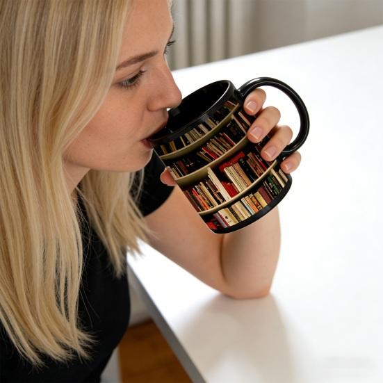 Stained-Glass Bookshelf Mug 11oz Ceramic Coffee Mug Literary Gift for Book Lovers Unique Home Office Decor