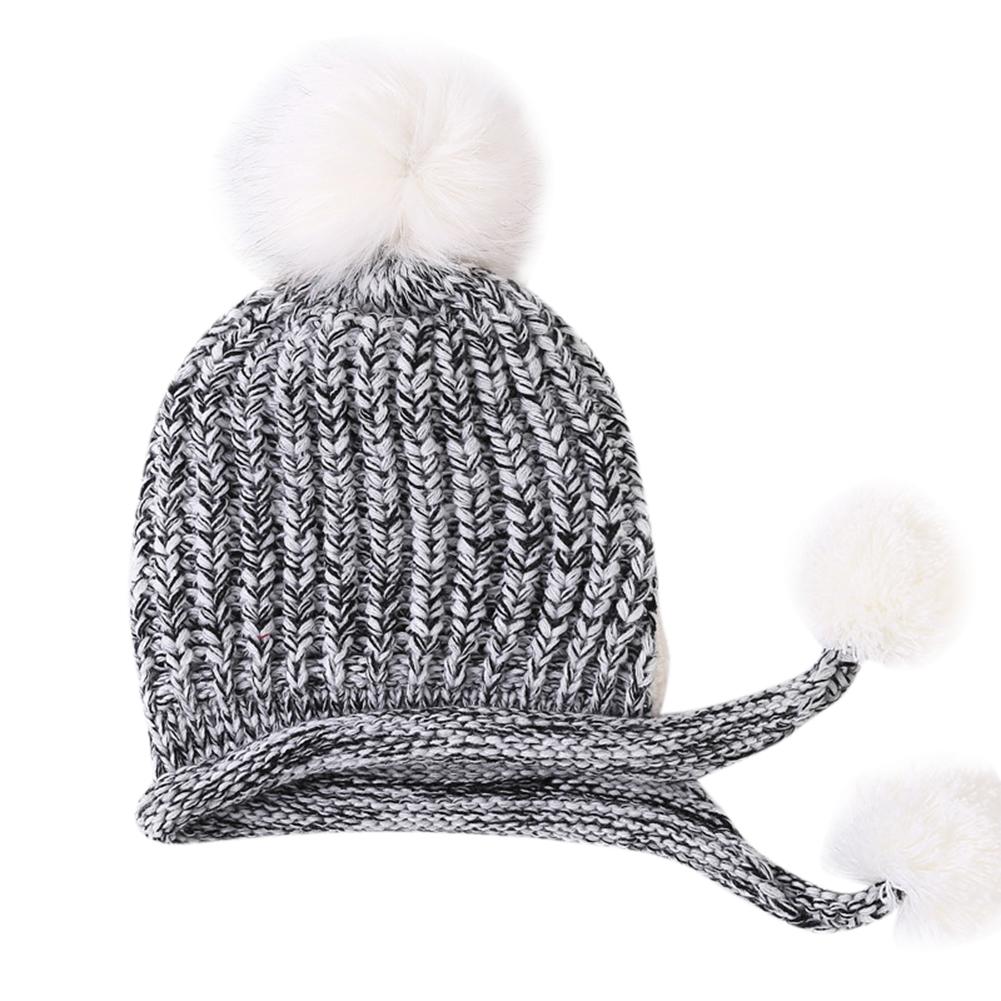 Women Winter Warm Knitted Cap Fleeced Earmuffs Cap with Cute Plush Balls