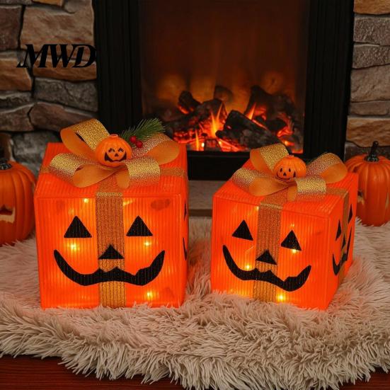 Handmade Pumpkin Face Props 3Pcs Lighted Halloween Gift Boxes, Spooky Glowing Shopping Mall Decor Presents Box, Warm Light Holiday Ornament for Indoor