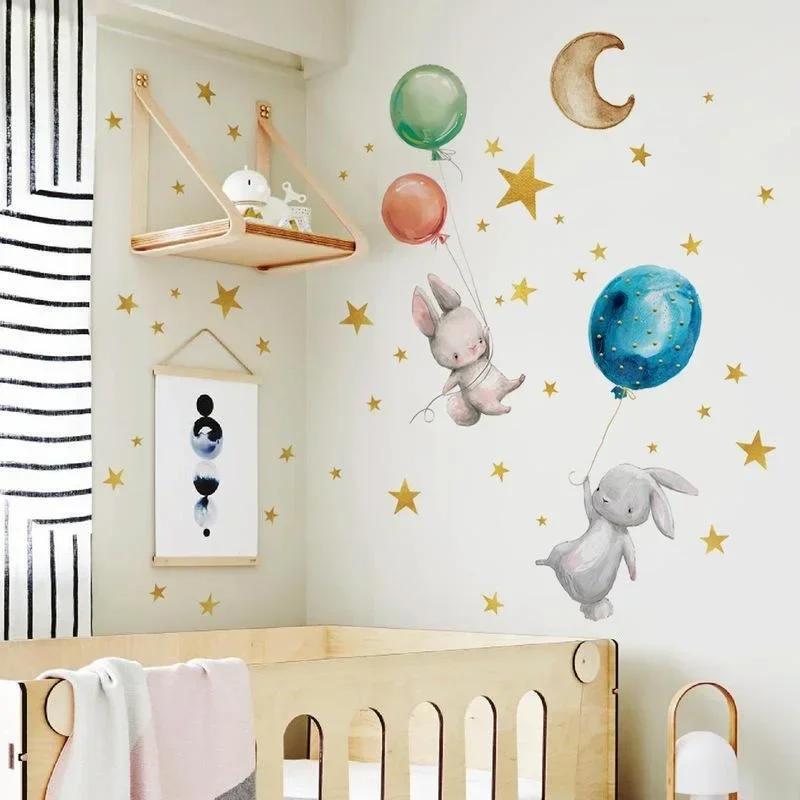 Nightglow Rabbit Sticker Rabbit Balloon Star Children's Wall Sticker Baby Girls' Bedroom Room Home Decoration Wallpaper 2024