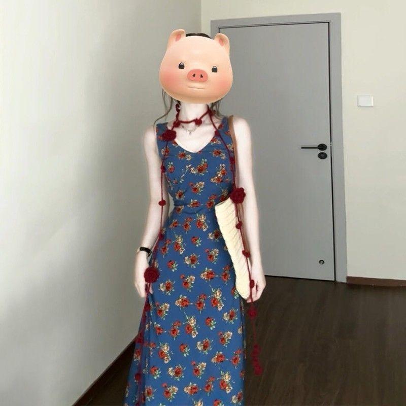Vintage French v-neck floral dress women s summer new seaside vacation sleeveless vest long dress S