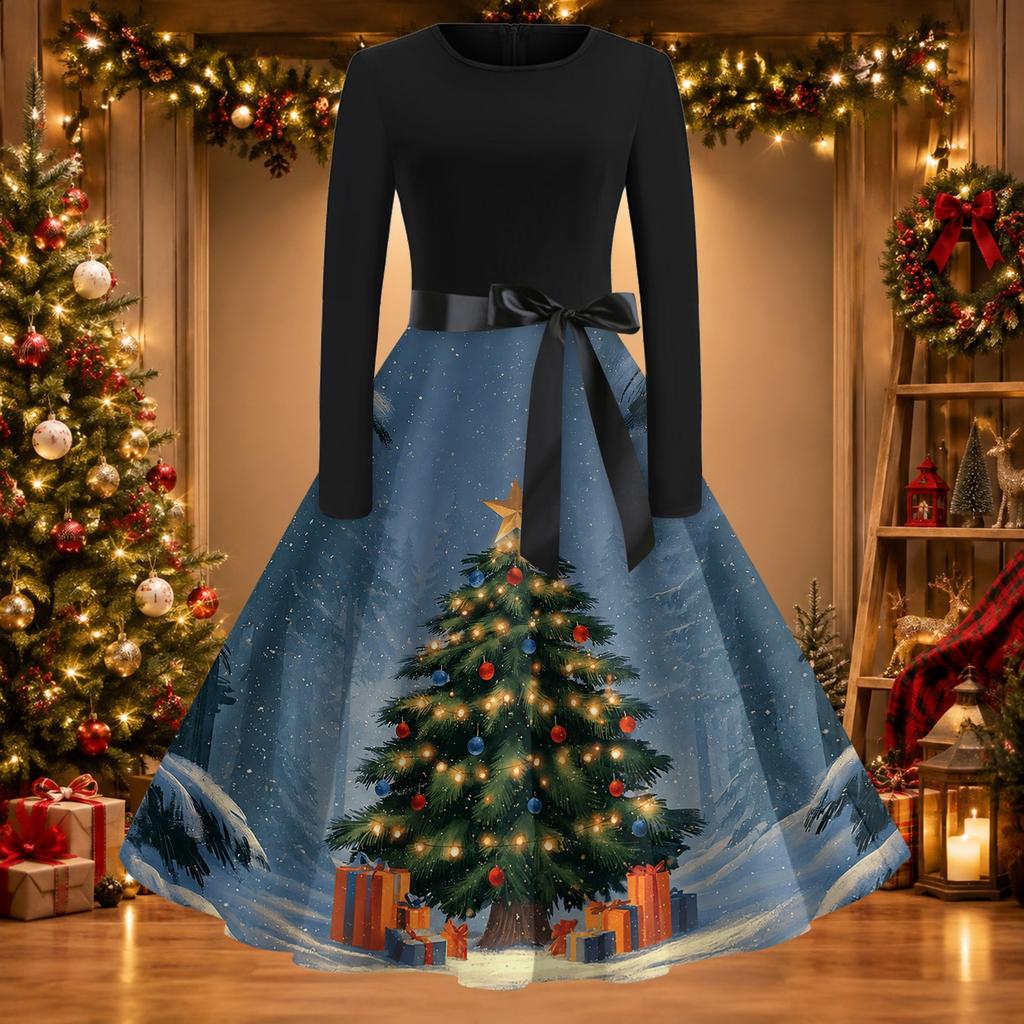 Women's Casual Vintage Christmas Print Neck Dress