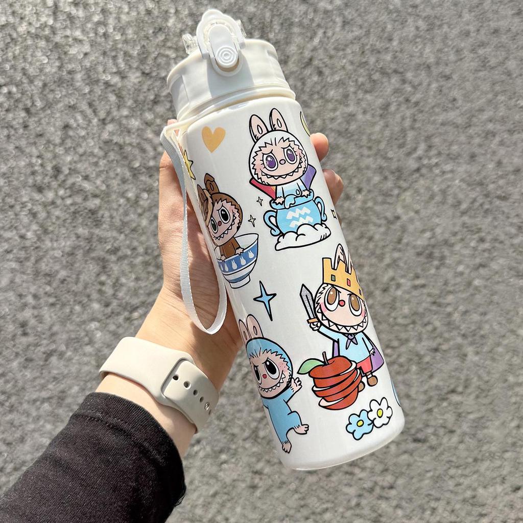Labubu Cartoon Straw Water Cup for Kids with Lanyard