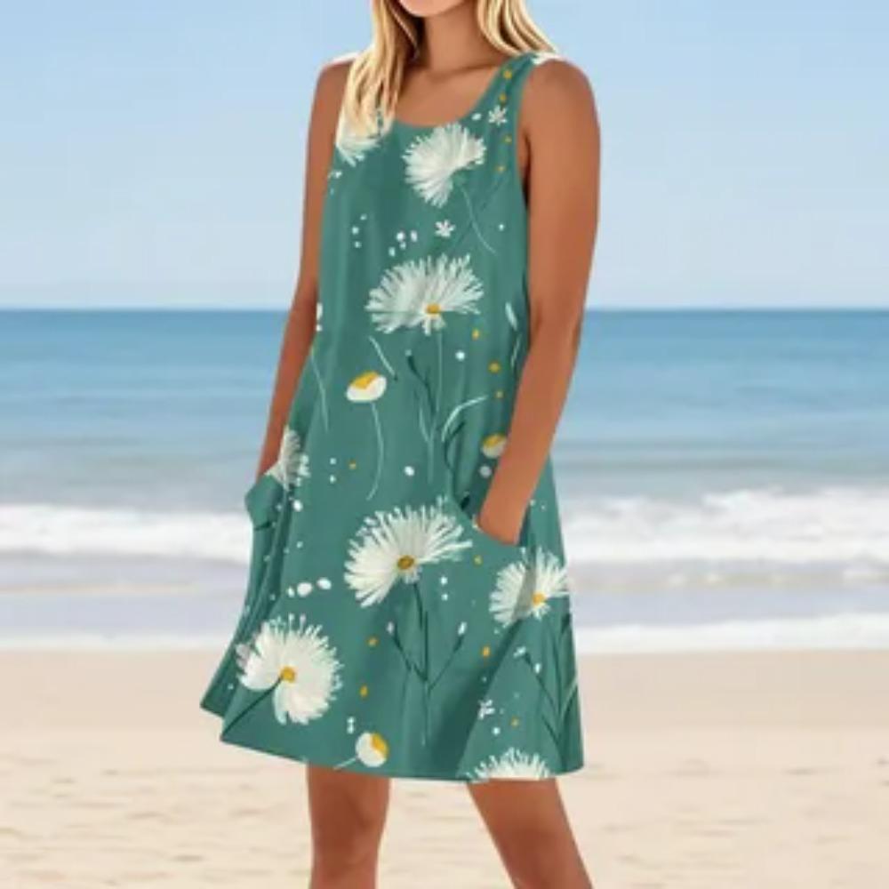Women Sleeveless Dress Floral Print Ladies Oversized Round Neck Loose Soft Comfortable Holiday Summer Dress