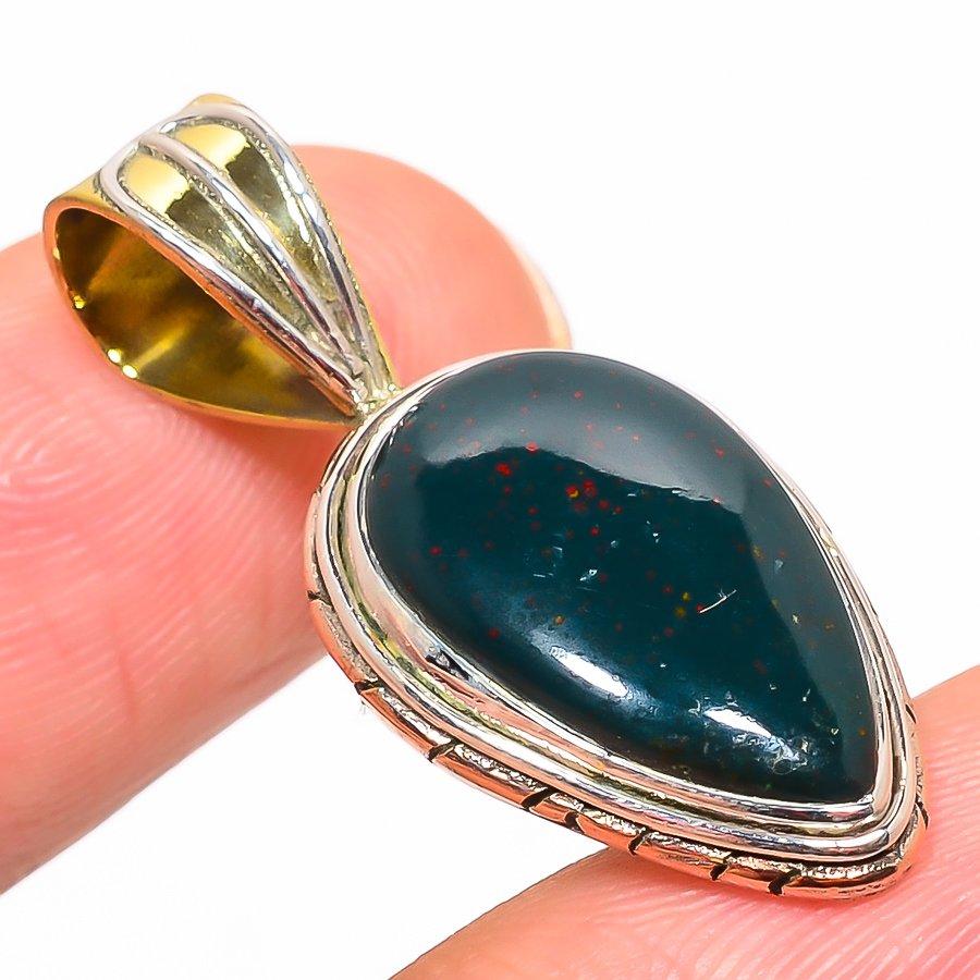 Natural Bloodstone Gemstone TwoTone 925 Solid Sterling Silver Pendant 1.50" N4w44