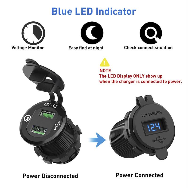 Quick Charge 3.0 Dual USB Car Charger Fast Charge Socket Aluminium Power Outlet with LED Voltmeter for 12V 24V Car Boat