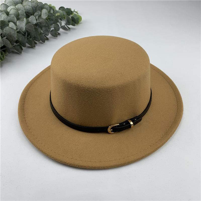Autumn and winter British European and American style belt buckle flat top top top hat men's and women's wide brim sunshade retro woolen black ja