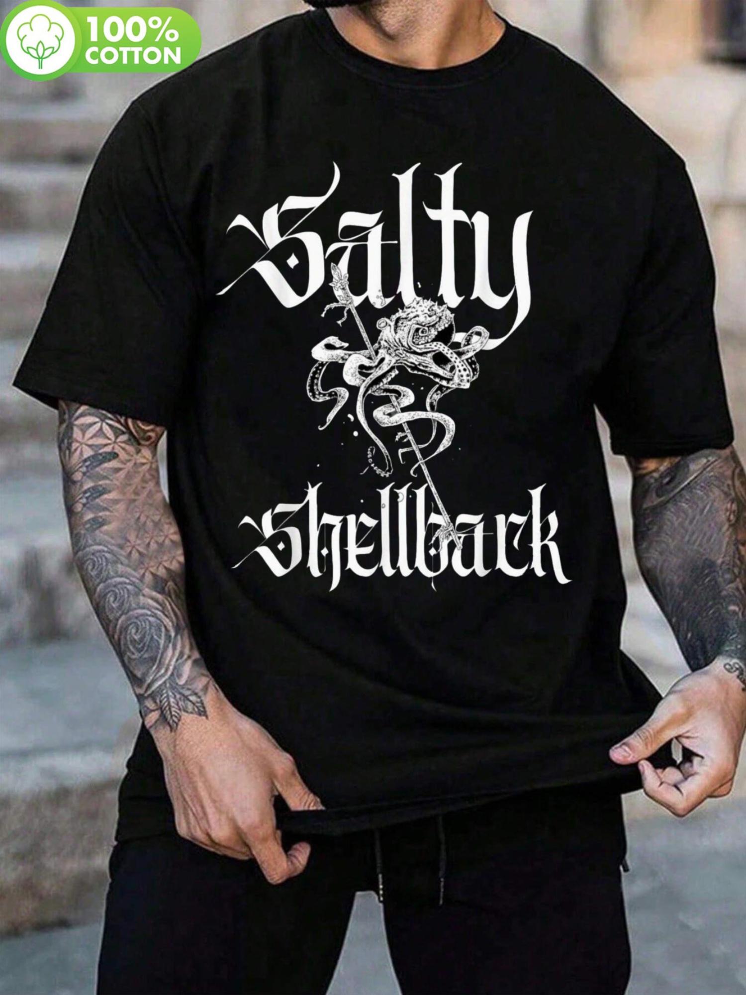 Vintage Navy Salty Shellback Graphic T-shirt - Cotton Crew Neck Tee with Skull & Crossbones Design XL