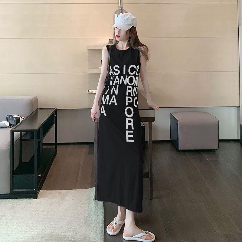 Summer Sleeveless French Letter Split Long Dress - Women's Loose Over-the-Knee Skirt