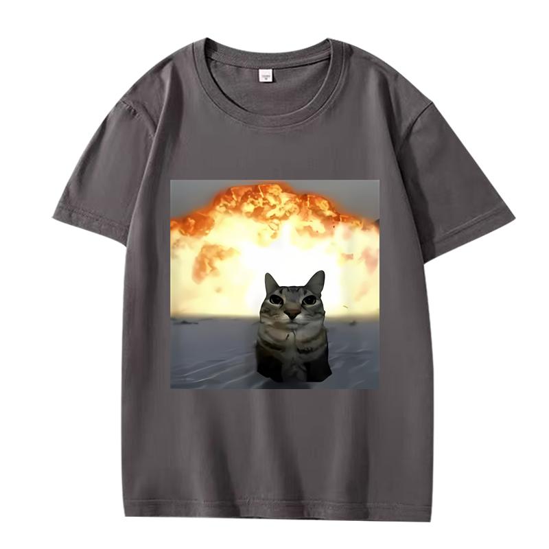 Whimsical Cat Explosion Graphic T Shirt Men Women Oversized 100% Cotton Funny Hot Sale Short Sleeve Summer Print Unisex Tops