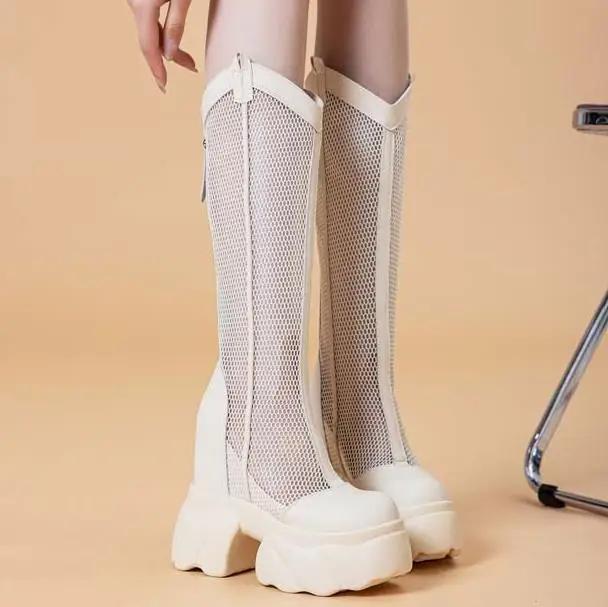 Fashion Hot Quality 11CM Air Mesh Ankle Boots Microfiber Leather Summer Fashion Shoes Knee High Boots Platform Wedge Flats Sandals Women