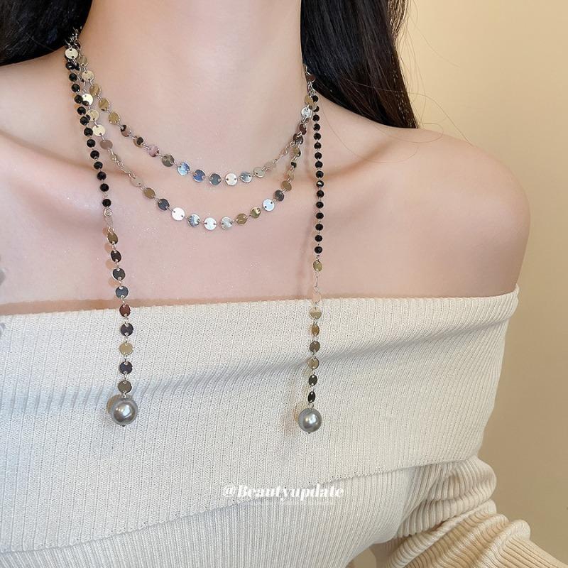 Crystal Beaded Sequins Pearl Necklace Earrings Retro Temperament Niche Light Luxury Jewelry Premium Jewelry Set Women