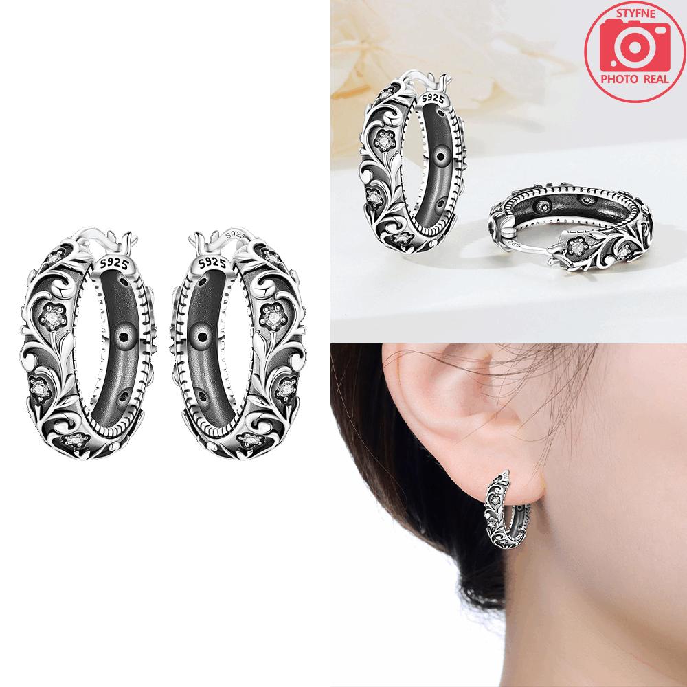 S925 Silver Earring Vintage Black Women's Hollow Earring Delicate Accessory Anniversary Jewelry Fine Gift
