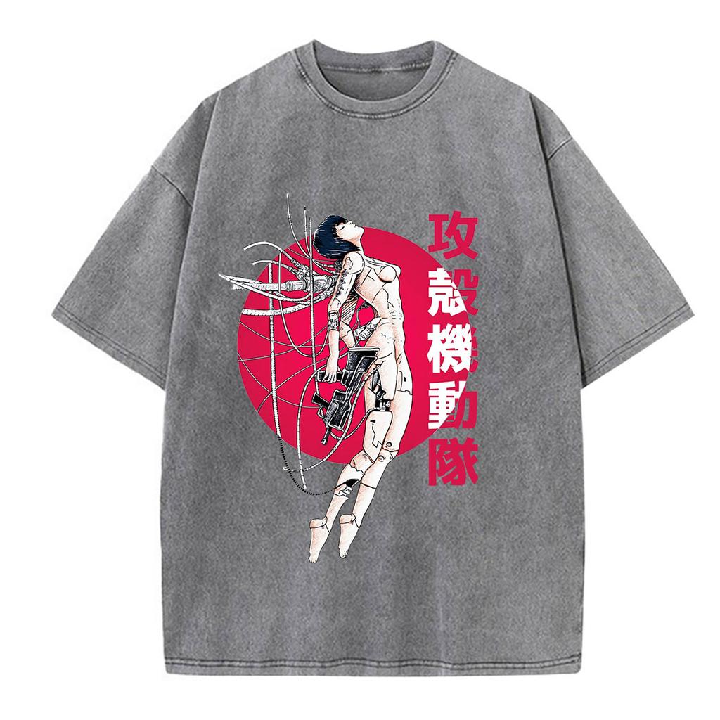 Anime Ghost In The Shell Motoko Kusanagi Vintage Washed T Shirts Men Women Clothing Casual Short Sleeve Oversized Tshirts Tops