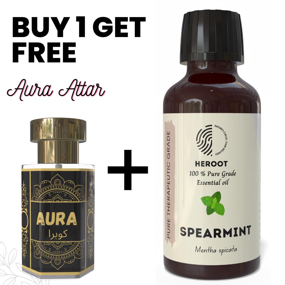 Spearmint Essential Oil 10ml for Aromatherapy & Home Fragrance Get 1 Free 6 Ml Attar – Aqua AQ, Dubai Oud, Aura, White Oud