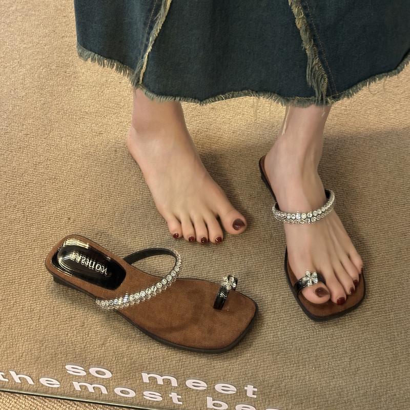 Fashion Shoes Woman's Slippers Glitter Slides Square Toe Rubber Flip Flops Shale Female Beach 2025 Jelly Hawaiian Sabot Soft Crystal