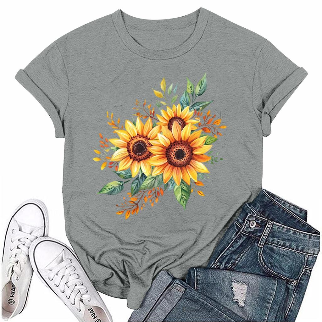 Women Fashion Printed Round Neck Short Sleeve T-Shirt Pullover Top