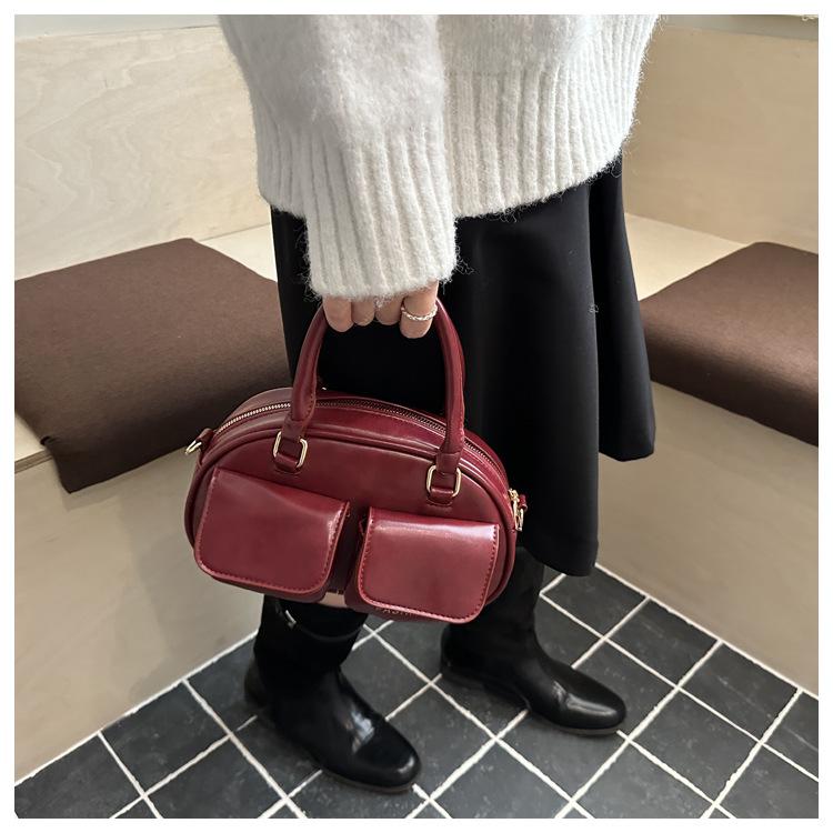 Autumn Retro Double Pocket Design Shoulder Bowling Bags for Women Solid Color Ladies Crossbody Bag Simple Female Pu Handbags