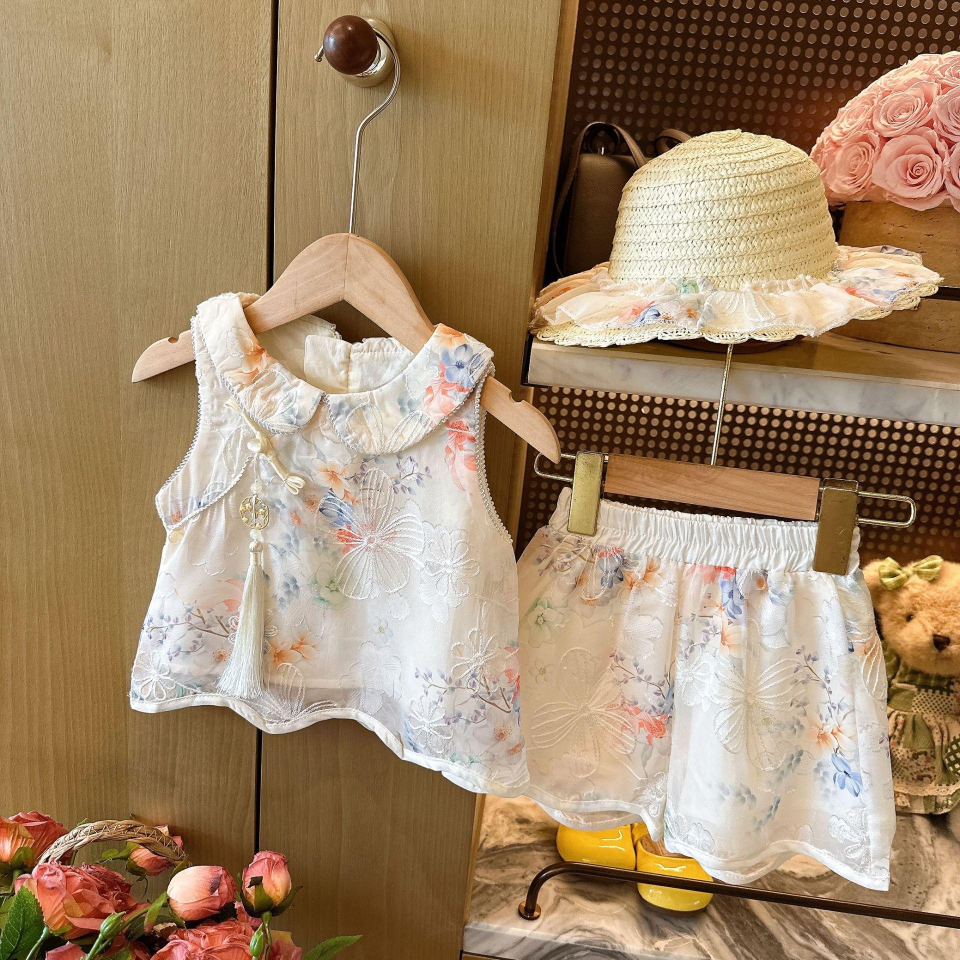 Girls New Chinese Summer Floral Embroidered Sleeveless Top And Shorts Set Cute Baby Two Piece Outfit 80cm