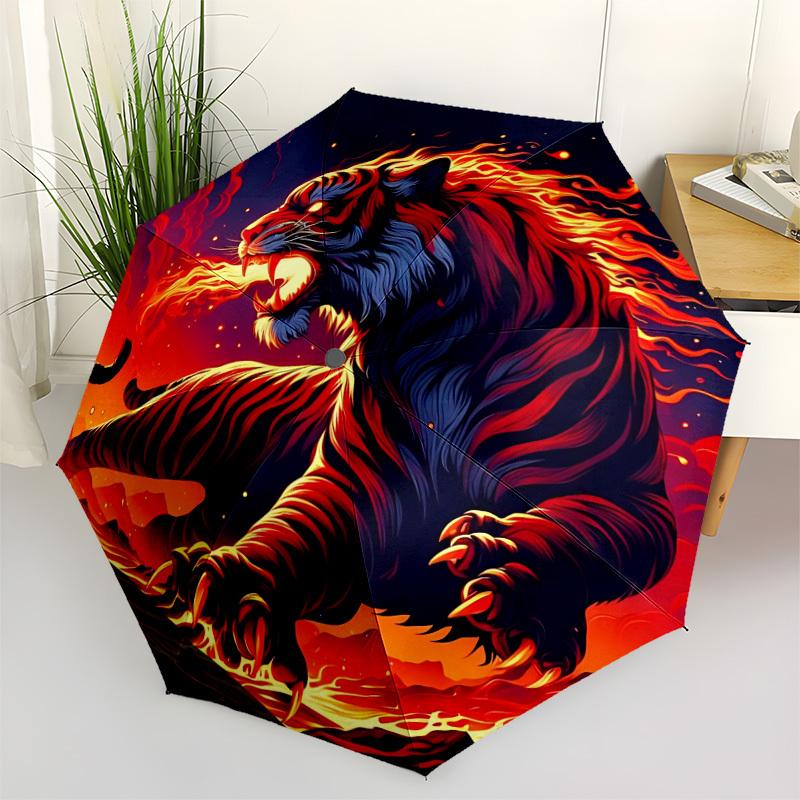 1pc Fire Tiger Print Folding Umbrella, Durable, Suitable for Outdoor Activities or Rain, Suitable for Commuting yy251027134