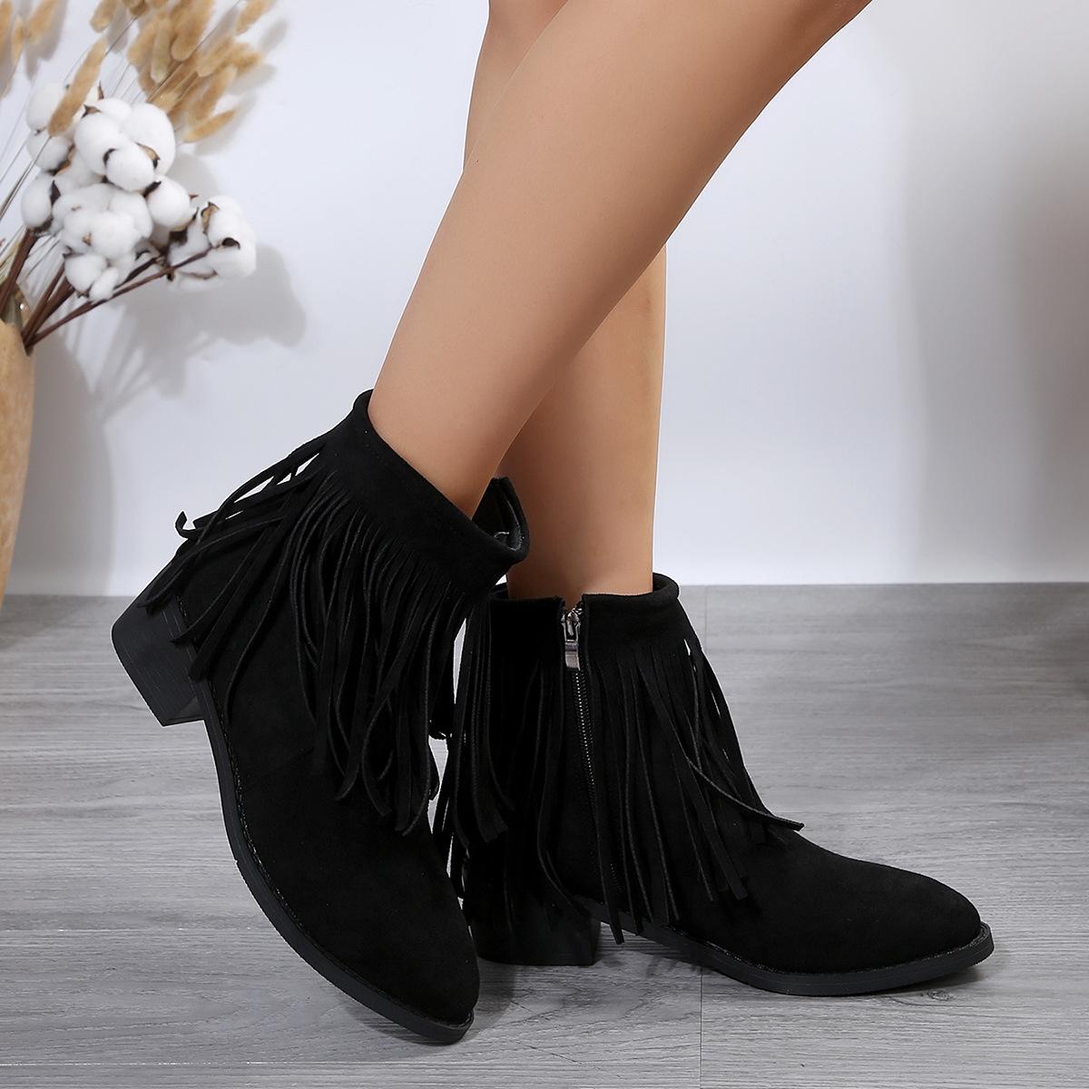 

Foreign trade large size pointed tassel fashion short boots women s autumn and winter 2024 new thick heel side zipper fashion boots women 36 чёрный